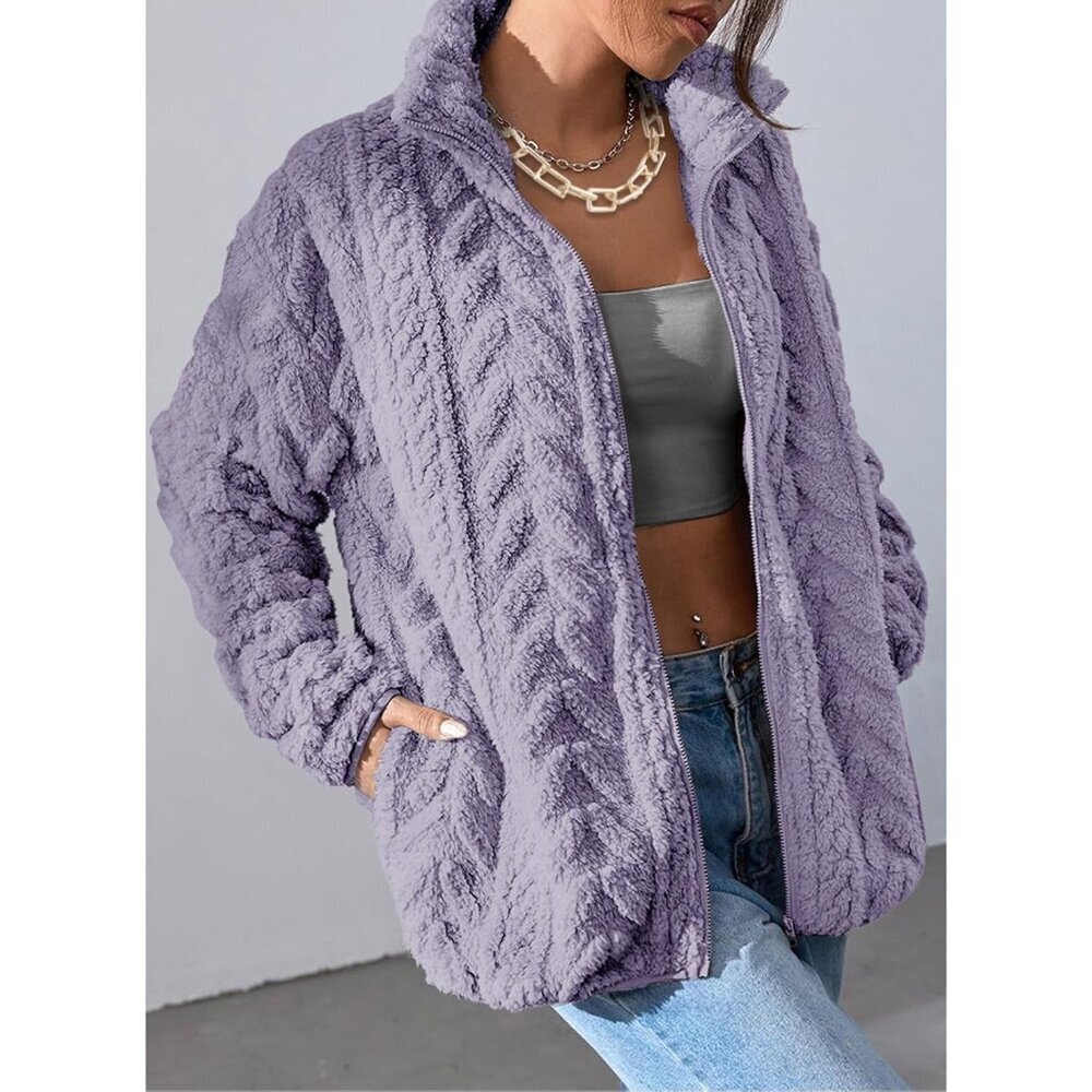 Women's Orchid Petal Fleece Jacket 2026 Zipper Stand Collar Casual Coat - Picture 2 of 5